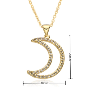 Detailed view of gold moon pendant with pavé cubic zirconia and size dimensions 22x18mm