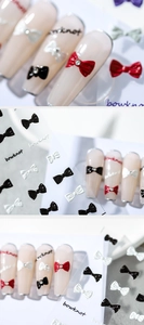 3D textured bowknot nail art stickers in red black and white with micro rhinestones