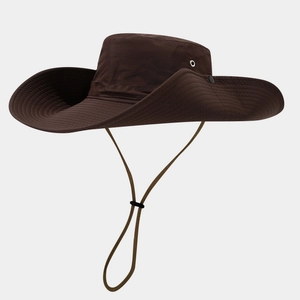 Detail of coffee sun hat featuring adjustable windproof cord and breathable metal eyelets