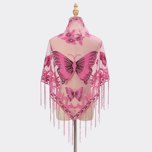 Pink lace triangle shawl with butterfly embroidery and long tassel trim for women