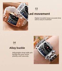 Detail showing rose gold and silver LED matrix watches with silicone straps