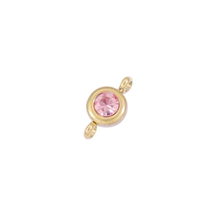 Detail of pink birthstone pendant with golden stainless steel frame and double loops