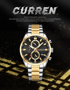 Close-up of CURREN men's chronograph watch with black dial and silver gold steel strap