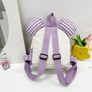 White and purple checkered children backpack with cute bear ears and adjustable straps