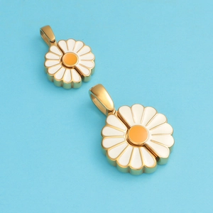 Golden sunflower daisy pendants with white and orange enamel for DIY jewelry making
