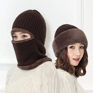Winter thermal balaclava and fleece knit hat in brown for windproof ear and neck protection