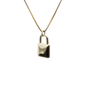 Minimalist gold box chain necklace with square padlock pendant on white background