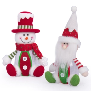 Christmas snowman and Santa Claus transparent candy jars with festive plush decorations