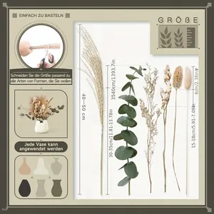 Size chart for dried flower bouquet showing 40-50 cm lengths of eucalyptus and pampas grass