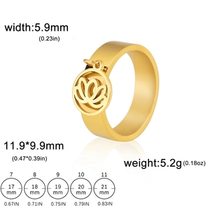 Golden stainless steel lotus charm ring with size chart and 5.9mm band specifications