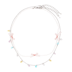 Double-layered beaded necklace with pink bows and colorful teardrop crystal pendants
