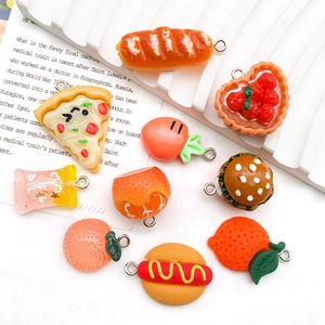 DIY orange resin charms set with burger pizza food shapes for keychains and accessories