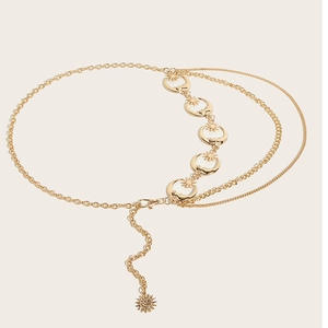 Chic multilayer gold metal waist chain featuring celestial sun and moon charm pendants