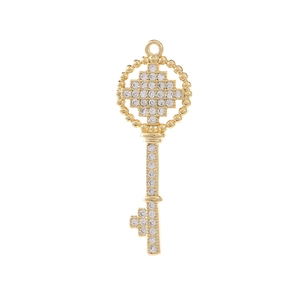 Exquisite gold-plated key pendant necklace with pave-set zircon stones on white background