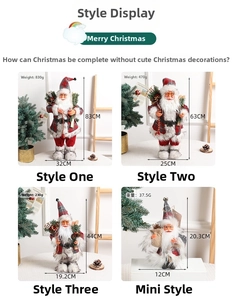 Size comparison chart for standing Santa Claus figures in four different festive dimensions