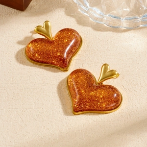 Brown glitter heart resin earrings with gold-plated stainless steel studs and hooks