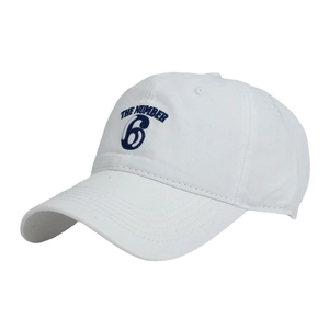 White cotton baseball cap with blue THE NUMBER 6 embroidery and curved brim design