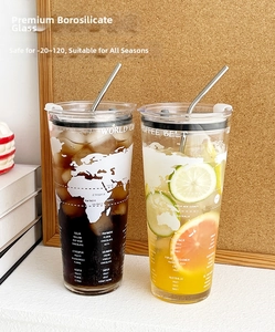 Detail of high borosilicate glass cup with world coffee belt print and metal straw
