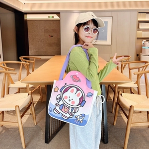 Pink and purple canvas shoulder bag with cartoon astronaut rabbit print for students