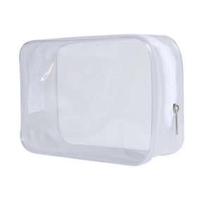 Transparent PVC waterproof toiletry bag with white zipper shown at a 45-degree angle