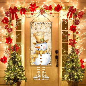 Golden Christmas snowman door banner with striped stockings and ice skates hanging on wooden door