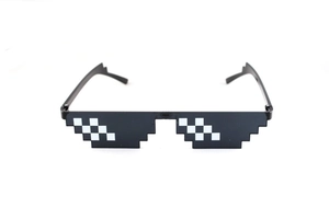 Front view of black pixelated mosaic sunglasses with iconic white square patterns