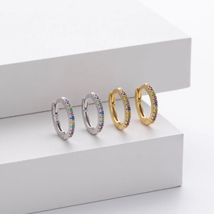 Minimalist S925 sterling silver rainbow zircon hoop earrings in gold and silver finish