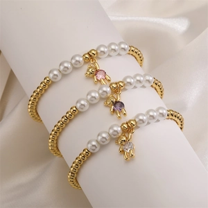 Fashion Gold Plated Copper Beaded Bracelet With White Imitation Artificial Pearl And Zircon Bear Bird Pendant Luxury Charm Jewelry