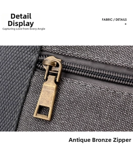 Macro detail of bronze metal zipper on high-quality grey canvas tote bag for women