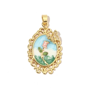 Detailed enamel pendant with pink roses and a butterfly on a blue garden background