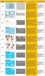Size chart for Christmas static window clings including PVC dimensions and packaging details