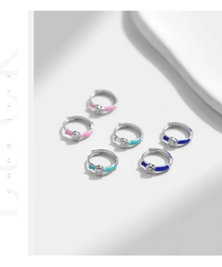 S925 sterling silver hoop earrings with colorful enamel hearts and inlaid gemstones
