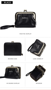 Multi-angle view of black litchi pattern coin purse and organized internal accordion slots