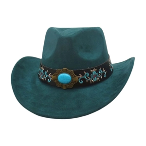 Teal western cowboy hat with ethnic embroidered band and turquoise gemstone detail