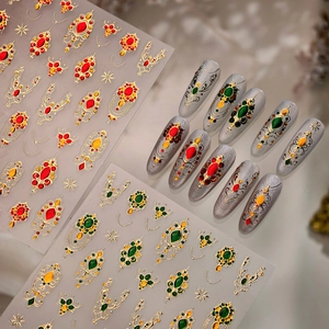 3D Embossed Nail Art Stickers Vintage Baroque Gold Foil Gemstone Flower Starburst Manicure Decals For Women