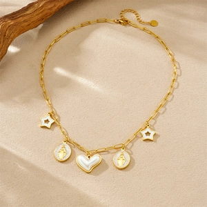 French vintage gold-plated stainless steel necklace with pearl hearts and star pendants