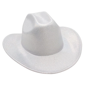 Detailed macro view of white glitter cowboy hat with synthetic metallic finish and curved brim