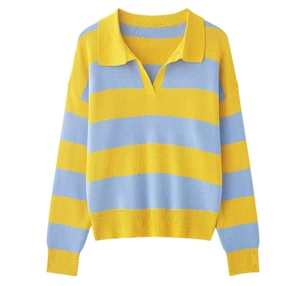 Detailed view of yellow and light blue striped knit polo shirt with long sleeves