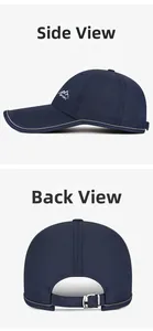 Detail view of navy sports cap with reflective edges, peak embroidery and air vents