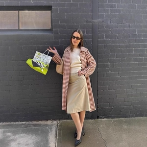 Retro karierter langer Trenchcoat mit Reverskragen und einreihigem H-Linien-Design