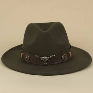 Close-up of olive wool fedora with brown leather band and silver buffalo skull ornament