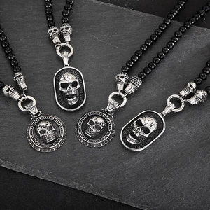 Men Skull Pendant Necklace With Agate Beads And Stainless Steel Zircon Inlay Gothic Punk Style Jewelry Gift