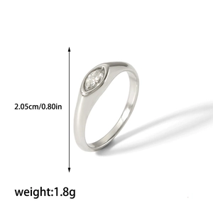 Detailed specs of marquise cut stone ring in silver tone with 2.05cm diameter size