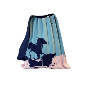 Foldable pleated knit tote bag with blue green pink gradient and horse silhouette pattern