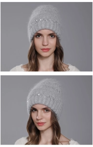 Detail of grey knitted hat with rabbit fur texture and sparkling silver sequins decor