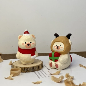 Hand-carved wooden Christmas bears with Santa hat and reindeer antlers decor