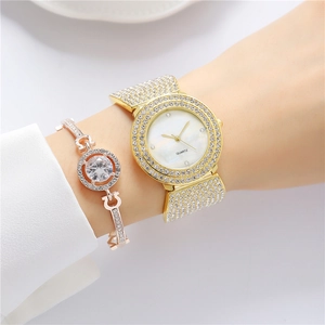 Orologio al quarzo lussuoso da donna in oro con strass e quadrante in madreperla set