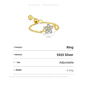 Macro shot of S925 sterling silver adjustable chain ring with 6.5mm zircon flower detail