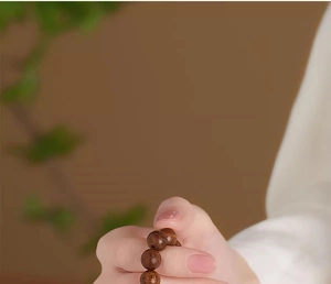 Macro shot of dark brown wooden Buddhist prayer beads held by hand in a zen atmosphere