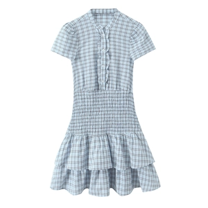 Plaid Mini Dress Ruffle Stand Collar Elastic Waist Layered Hem Short Sleeve Lolita Style Polyester Casual Fashion Women